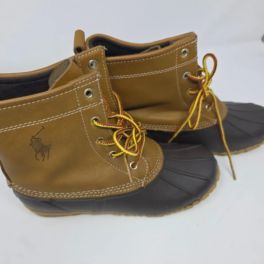 Polo Ralph Lauren Duck Boots Mens Sz 6 Ewan Leather Rubber Shell Brown Tan Boots